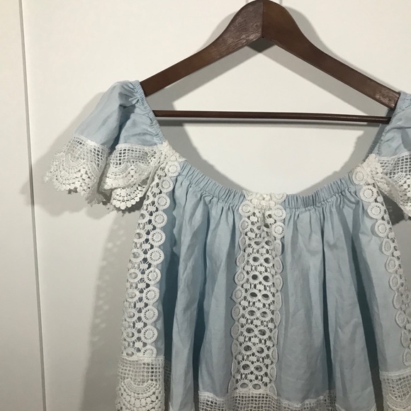 Dotti Blue and White Lace Off the Shoulder Top - Picture 2 of 5